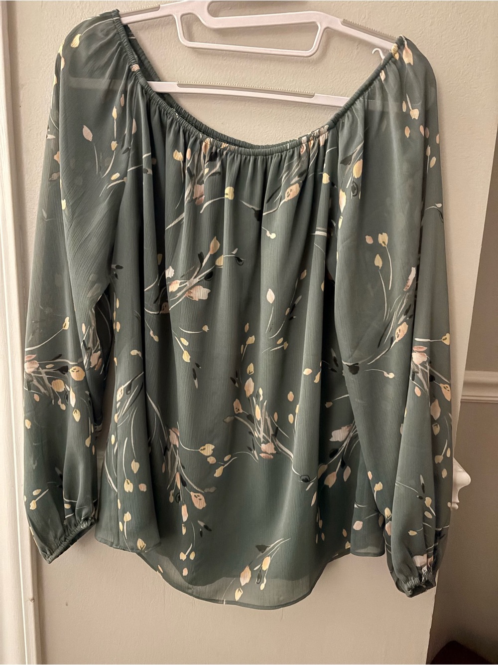 White House Black Market Sage Green Floral Off-Shoulder Tunic